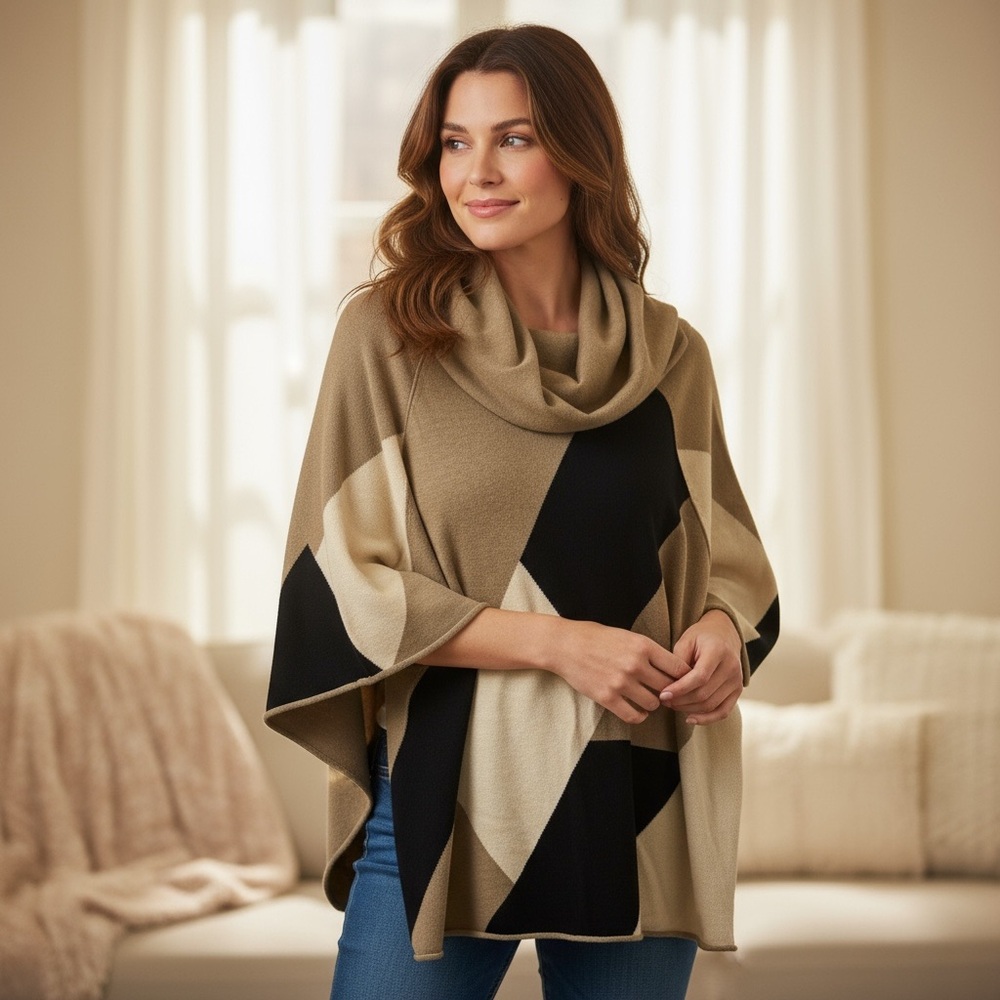 Style & Co. Tan and Cream Knit Poncho